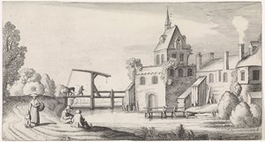 Figures by a Drawbridge in Front of a Village with Church Tower by Jan van de Velde (II)