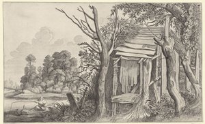 Angler by a Dilapidated Hut in a Landscape