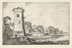 Bridge with Sheep by a Tower in a River Landscape (series title: Landscapes, Amenissimae aliquot requculae) by Jan van de Velde (II)