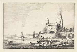 Ferry with Cattle by a Fort in a River Landscape (series title: Landscapes, Amenissimae aliquot requculae) by Jan van de Velde (II)
