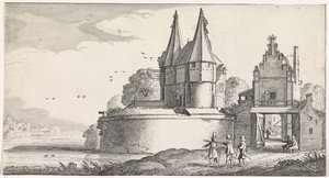 Soldiers at a Fort and a City Gate by a River (series title: Pleasant Landscapes and Delightful Sights)