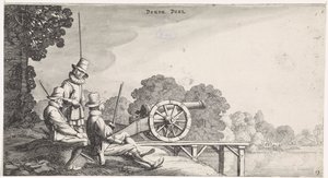 Soldiers by a Cannon on a Pier by a River (Playsante lantschappen ende vermakelycke gesichten)
