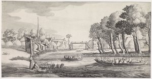 Two Rowboats on a River by a Village (series title: Pleasant Landscapes and Delightful Sights) by Jan van de Velde (II)