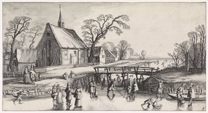 Winter Landscape with Skaters by a Village (series title: Pleasant Landscapes and Delightful Sights) by Jan van de Velde (II)