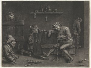 Interior with urinating man, vomiting man, a dwarf, and a beggar by Jan van der Bruggen