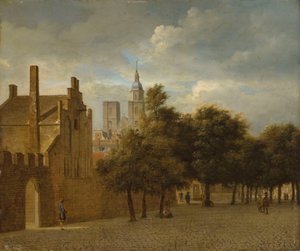 A Townscape with Figures Promenading, a Church Beyond by Jan van der Heyden