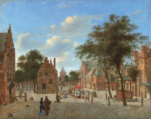 A View of a Town Square, with a Procession during the Feast of Corpus Christi and Figures Kneeling before the Host, c.1637-1712 by Jan van der Heyden