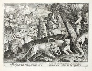 Indians Shoot Lions with Arrows, who have Captured Monkeys in their Mouths, illustration from 