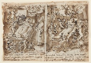 Page of a Sketchbook; Heavenly Powers Helping Pious; Sketch for Portrait of Saint; Decoration of Pediment by Jan van der Straet, called Stradanus