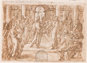 Peter and John Questioned by the High Council, preliminary design for "Spiritus Scientiae" (The Spirit of Science), plate 5 in the "Seven Gifts of the Holy Spirit" print series by Jan van der Straet, called Stradanus
