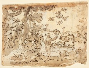 Bird Hunt with Falcons; Lunette Decorated with Animals, Capricorn, and Foliage by Jan van der Straet, called Stradanus