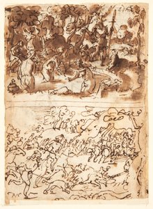 Recto, above: Diana and Actaeon; Recto, below: Boar Hunt; Verso, above: Studies of Two Male Heads; Verso, below: Meeting of Anna and Joachim at the Golden Gate, The Circumcision of the Christ-child by Jan van der Straet, called Stradanus