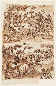 Sketchbook Page with Bull Hunts by Jan van der Straet, called Stradanus