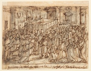 Sketchbook Page with Procession with the Host and Pontifical Mass by Jan van der Straet, called Stradanus