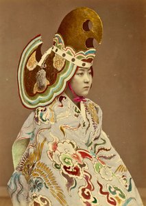 Japanese girl in traditional costume (hand coloured albumen photo) by Japanese Photographer