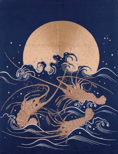 A Japanese Embroidered Textile Panel of Dark Blue Satin Depicting Three Crayfish Among Waves Before a Rising Sun by Japanese School