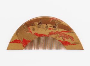 Comb with decoration of Mount Fuji and travelers by Japanese School