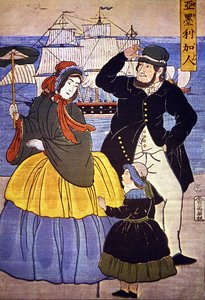 European Family at Yokohama Harbour Front Painted by a Japanese Artist in 1861 by Japanese School