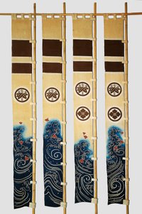 Four Banners with Motifs Depicting Plovers in Waves, Family Crests, Bamboo, Flower in Circles by Japanese School