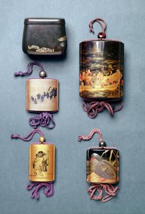 Inro and tobacco pouch: Tobacco Pouch with Hiramaki-e design, signed Zeshin; Inro, foxes wedding procession in Sumi-e Togidashi, signed Toyo; Inro, two sages reading a scroll in Sumi-e