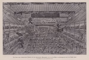 Interior of a traditional Japanese Kabuki theatre showing the Hanamichi running through the audience from the back of the theatre to the stage by Japanese School