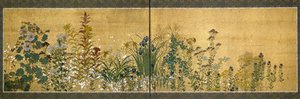 Japanese Art: Screen Panels Decorated with Flowers by Japanese School