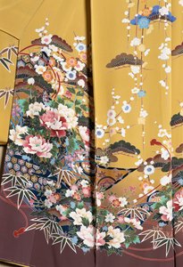 Kimono Furisode worn by young unmarried women on elegant occasions and Maiko, Smooth silk, floral motifs, floating ribbons, Kaga-Yuzen dyeing, Tokamachi weaving mills, Japanese civilization, 20th century by Japanese School