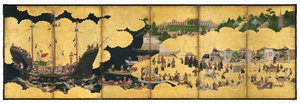 Nanban Six-Fold Screen Depicting the Arrival of a Portuguese Ship for Trade, Edo Period