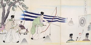 Nobles Practising Archery, from an Album of Woodcuts by Japanese School