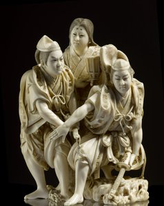 Okimono depicting the Soga Brothers about to slay Suketsune guided to his tent by Tora by Japanese School