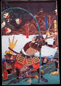 Samurai displaying severed heads of their enemies on bamboo canes, sewamono (domestic play)