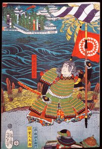 Samurai with banner in front of city on water, sewamono (domestic play) by Japanese School