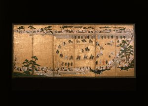 Six-Fold Screen Depicting a Military Dog-Chasing Game