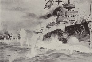 The Mikasa bravely fighting against the Russian Squadron off Port Arthur on 10 August by Japanese School
