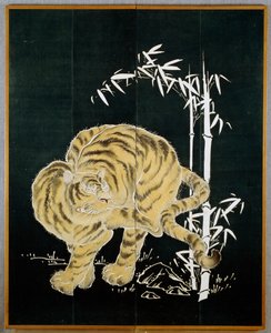 Tiger and Bamboo, Motif on Two Door Cotton Screen by Japanese School
