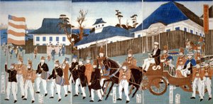 Triptych showing a parade of foreigners, Yokohama, in a horse-drawn open carriage and led by man carrying the stars-and-stripes, and a military band, 1861 by Japanese School