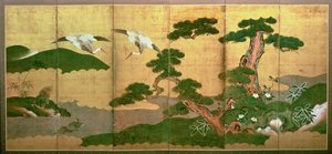 Two Cranes Diving Behind Pine and Rockwood by Japanese School