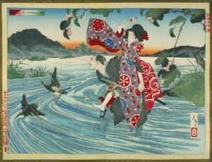 The Demon Omatsu Murders Shirosaburō in the Ford by Tsukioka Yoshitoshi