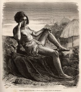 Native woman of Taio-Hae (or Taio Hae), in the archipelago of the Marquises, nonchalantly showing her tattooed legs, engraving after a drawing by A.Rixens illustrating the memories of the Pacific, in 1872-1874, by A.Pailhes, a ship sign, published in 