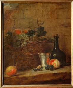Fruit Basket with Grapes, a Silver Goblet and a Bottle, Peaches
