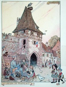 A French soldier teaching French to Alsatian children who have become French Citizens again, illustration from 