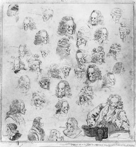 Different tunes in 30 Voltaire heads. Portraits of Francois Marie Arouet, dit Voltaire different physiognomies of Voltaire. Strong water attributed to Dominique Vivant-Denon after Jean Huber. Musee C by Jean (after) Huber