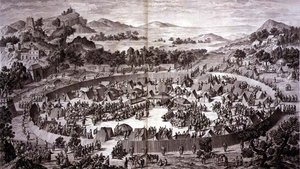 Tchao-Hoei in his Camp below the walls of Yerechim Receives the Homage of the Inhabitants of the Town and Province in July 1759, plate 4 from the series of prints representing the conquests of Qianlong, the Emperor of China, engraved by Pierre Philippe Cho by Jean (d.1781) (after) Damascene