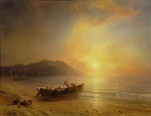 A Coastal Landscape with Arab Fishermen Launching a Boat at Sunset