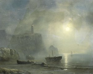 View of a Rocky Coast by Moonlight by Jean Antoine Theodore Gudin