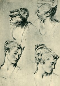Four studies of female heads, early 18th century by Jean Antoine Watteau
