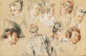 Study of heads, drawing by Jean-Antoine Watteau by Jean Antoine Watteau