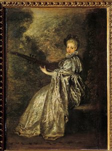 The Finette Girl Playing a String Musical Instrument by Jean Antoine Watteau