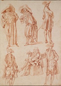 Two Studies of the Doctor in the Italian Comedy and four Officers by Jean Antoine Watteau