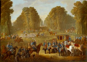 Plaque Depicting the Hunts of Louis XVI: The Meeting at the Crossroads of the Well du Roi in the Forest of Compiegne by Jean Baptiste (after) Oudry